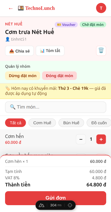 Màn hình chọn món và giỏ hàng